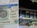 Wiza do Egiptu na paszporcie i nocny widok lotniska z napisem "ARRIVALS".
