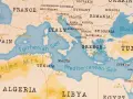Mapa Europy i Afryki Północnej. Kreta leży nad Morzem Śródziemnym, pomiędzy Grecją a Libią.