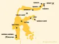 Mapa turystyczna wyspy Celebes z zaznaczonymi atrakcjami: Manado, Tana Toraja, Makassar.