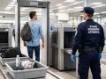 Kontrola bezpieczeństwa na lotnisku: mężczyzna z plecakiem przechodzi przez bramkę, a funkcjonariusz straży ochrony lotniska nadzoruje proces.