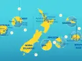 Mapa pokazuje podróże po Pacyfiku, łącząc Nową Zelandię z Australią, Chinami, Malezją, Samoo i Fidżi.