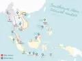 Mapa tras podróżniczych po Azji Południowo-Wschodniej. Filipiny, z Manilą i El Nido, znajdują się na wschód od Malezji i Indonezji.