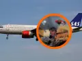 Samolot SAS Scandinavian Airlines na lądowanie. W okręgu widać pasażerów i personel pokładowy.