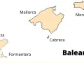 Mapa przedstawiająca wyspy hiszpanii: Majorkę, Minorkę, Ibizę, Formenterę i Cabrerę, tworzące archipelag Baleary.