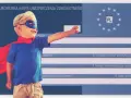 Mały superbohater z czerwoną peleryną i niebieską maską symbolizuje ubezpieczenie turystyczne dla dziecka. Europejska Karta Ubezpieczenia Zdrowotnego zapewnia bezpieczeństwo.