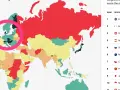 Mapa świata z zaznaczonymi krajami. Islandia jest na pierwszym miejscu jako najbezpieczniejszy kraj na świecie.