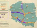 Mapa Polski z zaznaczonymi płatnymi autostradami (fioletowe), istniejącymi (pomarańczowe), w budowie (czerwone) i planowanymi (szare).