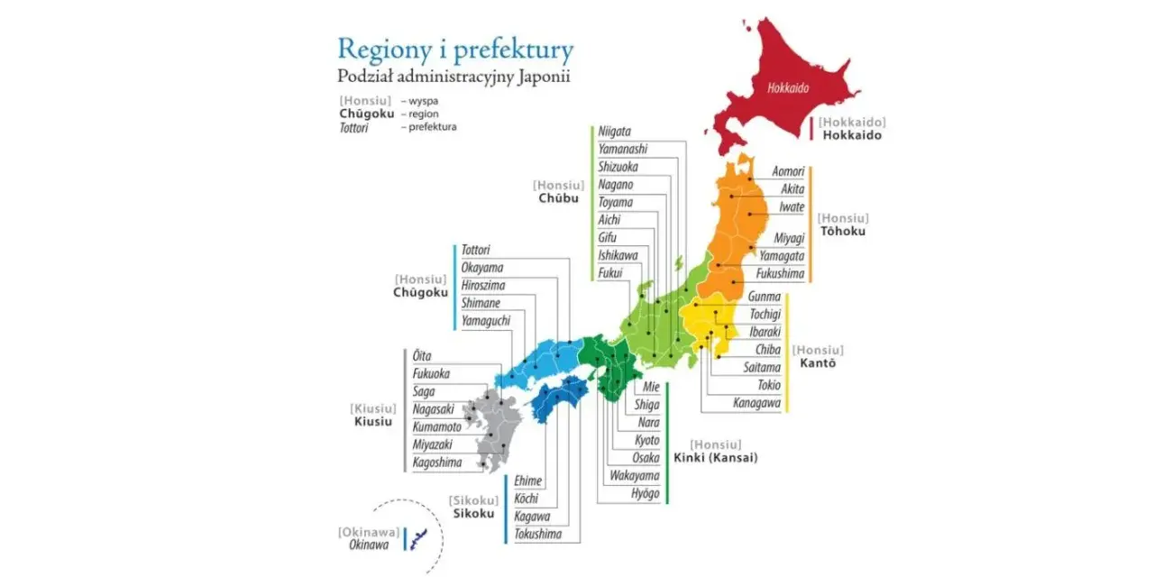 Mapa przedstawia podział administracyjny Japonii, ukazując główne wyspy i prefektury.
