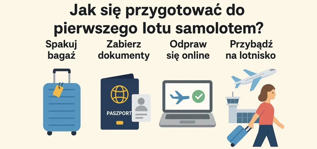 Przygotowania do pierwszego lotu samolotem: pakowanie, dokumenty, odprawa online i przybycie na lotnisko.