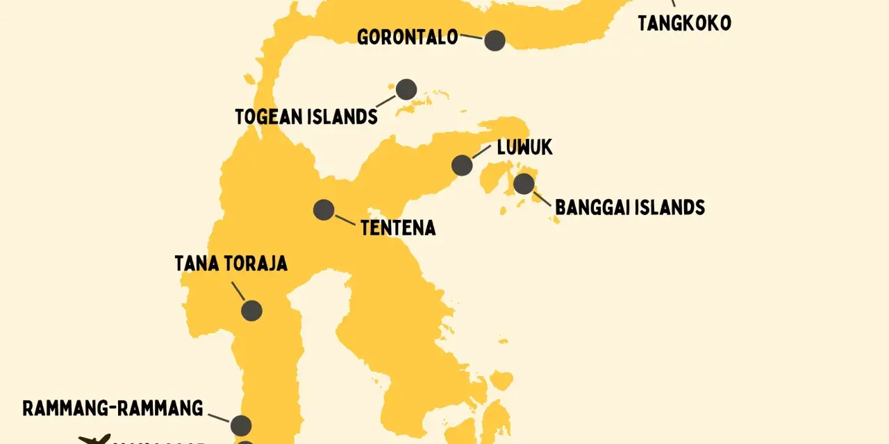 Mapa turystyczna wyspy Celebes z zaznaczonymi atrakcjami: Manado, Tana Toraja, Makassar.
