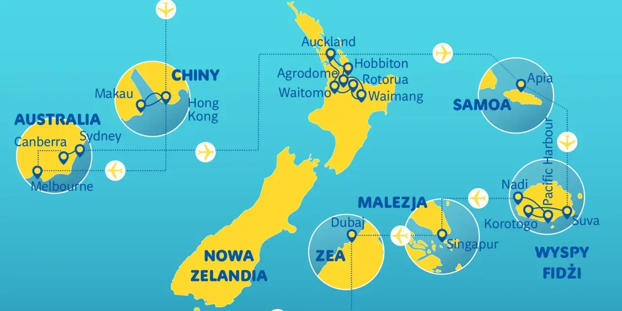 Mapa pokazuje podróże po Pacyfiku, łącząc Nową Zelandię z Australią, Chinami, Malezją, Samoo i Fidżi.