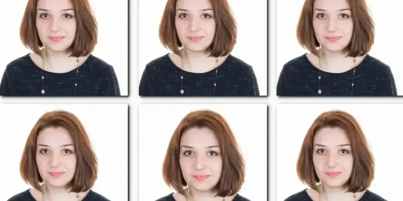 Szestokrotne ujęcie tej samej kobiety z rudymi włosami, idealne jako jakie zdjęcie do paszportu.