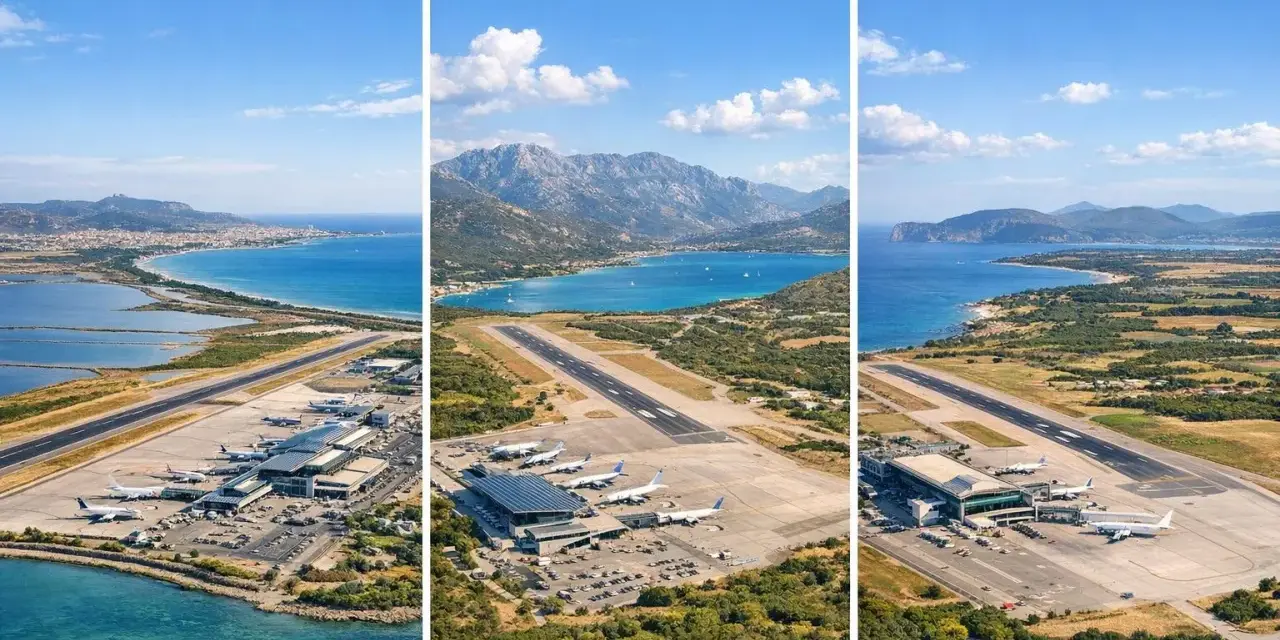 Trzy lotniska na Sardynii: Cagliari, Olbia i Alghero, z widokiem na morze i góry.