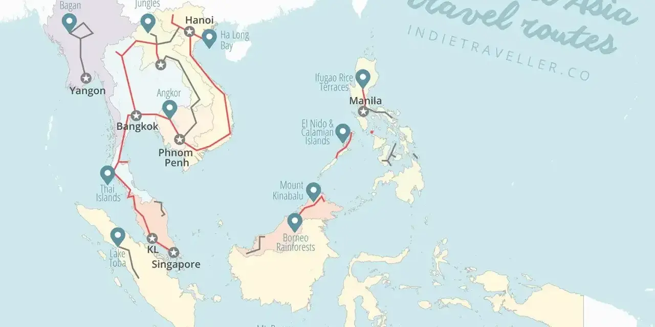 Mapa tras podróżniczych po Azji Południowo-Wschodniej. Filipiny, z Manilą i El Nido, znajdują się na wschód od Malezji i Indonezji.