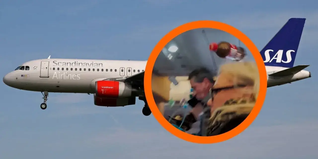 Samolot SAS Scandinavian Airlines na lądowanie. W okręgu widać pasażerów i personel pokładowy.
