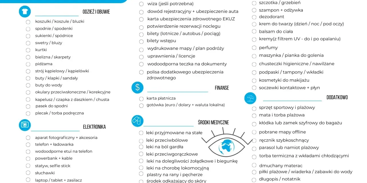 Checklista pakowania: odzież, obuwie, elektronika, dokumenty, finanse, środki medyczne, kosmetyki i dodatki. Co spakować na wakacje?