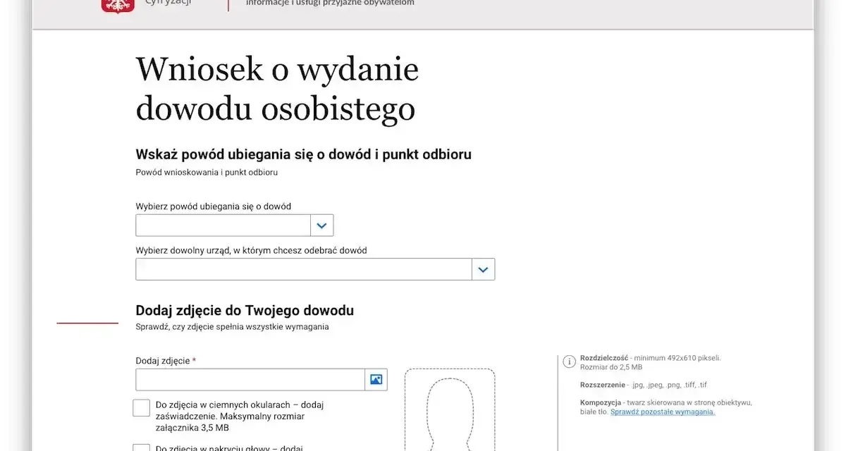 Formularz wniosku o wydanie dowodu osobistego. Wybierasz powód ubiegania się o nowy dokument i urząd, gdzie chcesz go odebrać.
