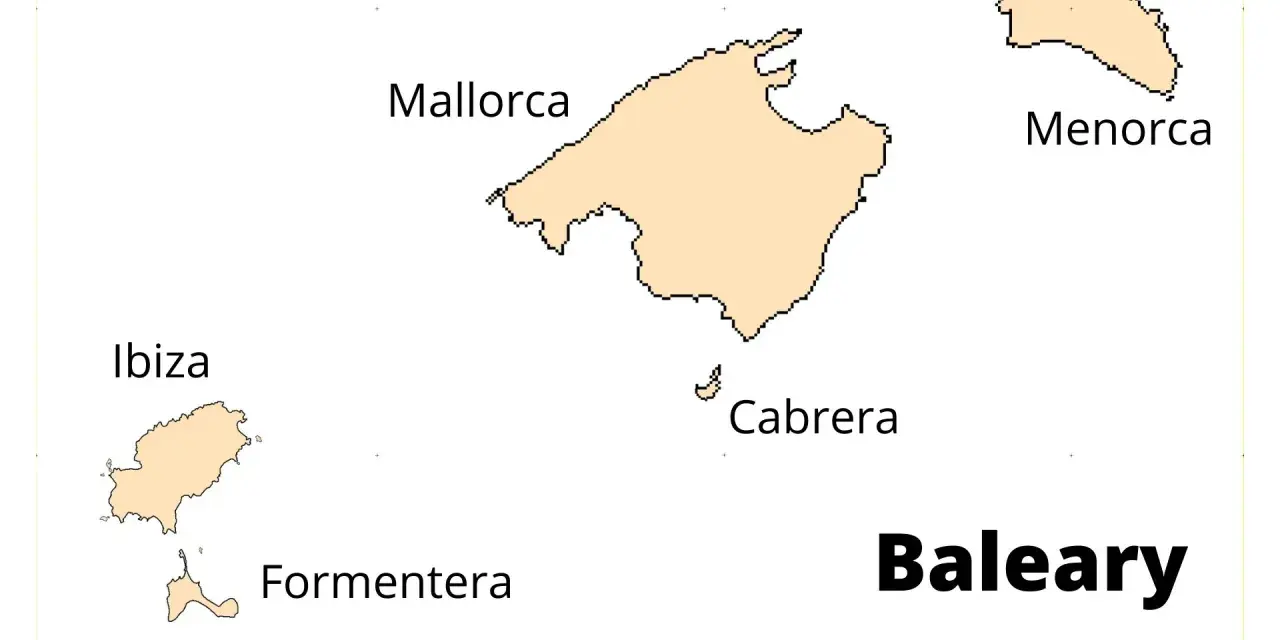 Mapa przedstawiająca wyspy hiszpanii: Majorkę, Minorkę, Ibizę, Formenterę i Cabrerę, tworzące archipelag Baleary.