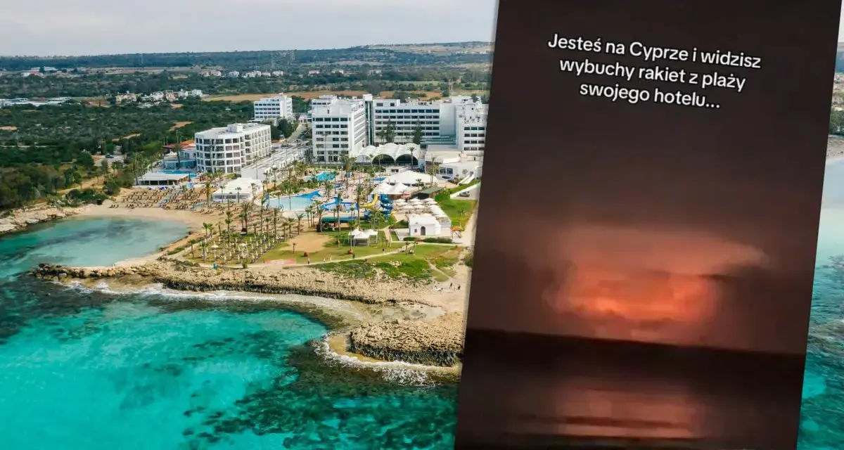 Widok na kurort na Cyprze. Na pierwszym planie widać turkusowe morze i plażę, a w tle białe budynki hotelowe. Na zdjęciu widnieje też napis: "Jesteś na Cyprze i widzisz wybuchy rakiet z plaży swojego hotelu...".