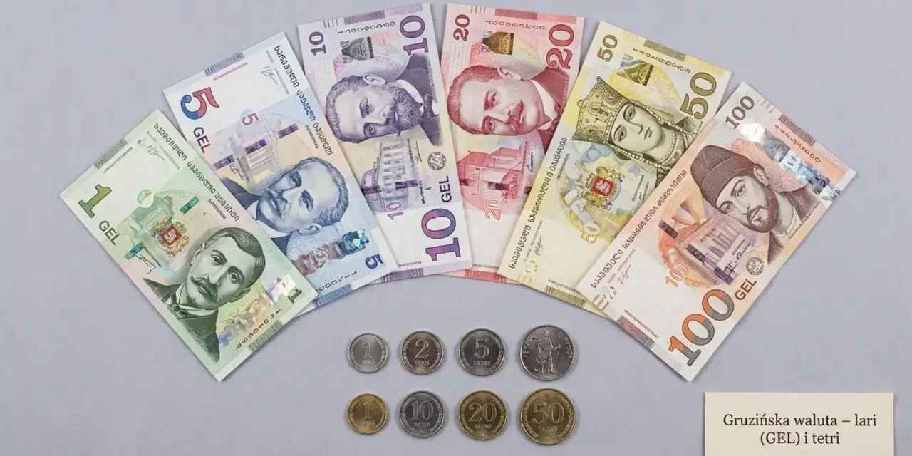 Gruzińska waluta - lari (GEL) i tetri. Banknoty o nominałach 1, 5, 10, 20, 50, 100 GEL i monety.