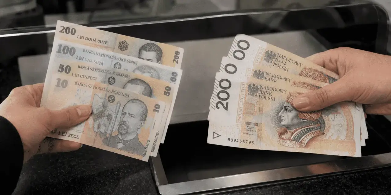 Ręce trzymają banknoty. Jedna ręka pokazuje rumuńską walutę: 10, 50, 100 i 200 lejów. Druga ręka pokazuje polskie banknoty 200 zł.