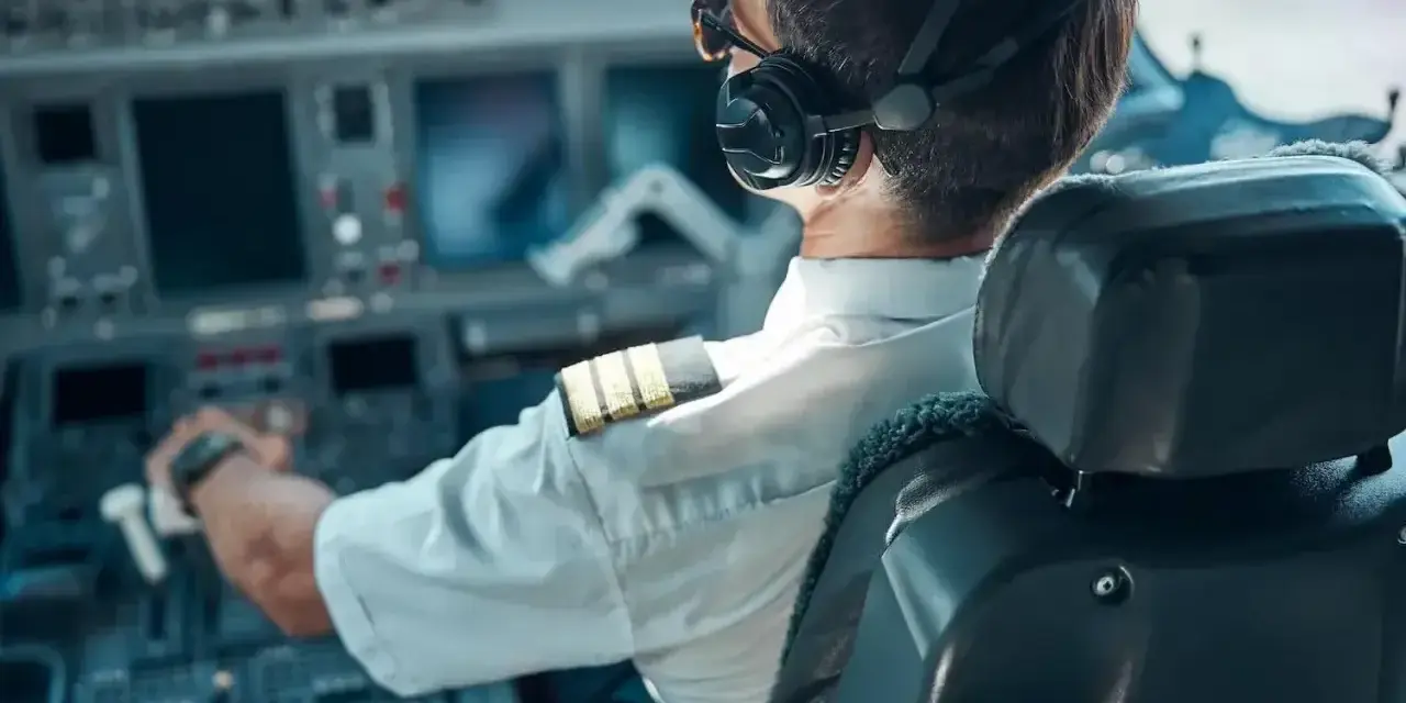 Pilot samolotu w słuchawkach i okularach przeciwsłonecznych, siedzący w kokpicie.
