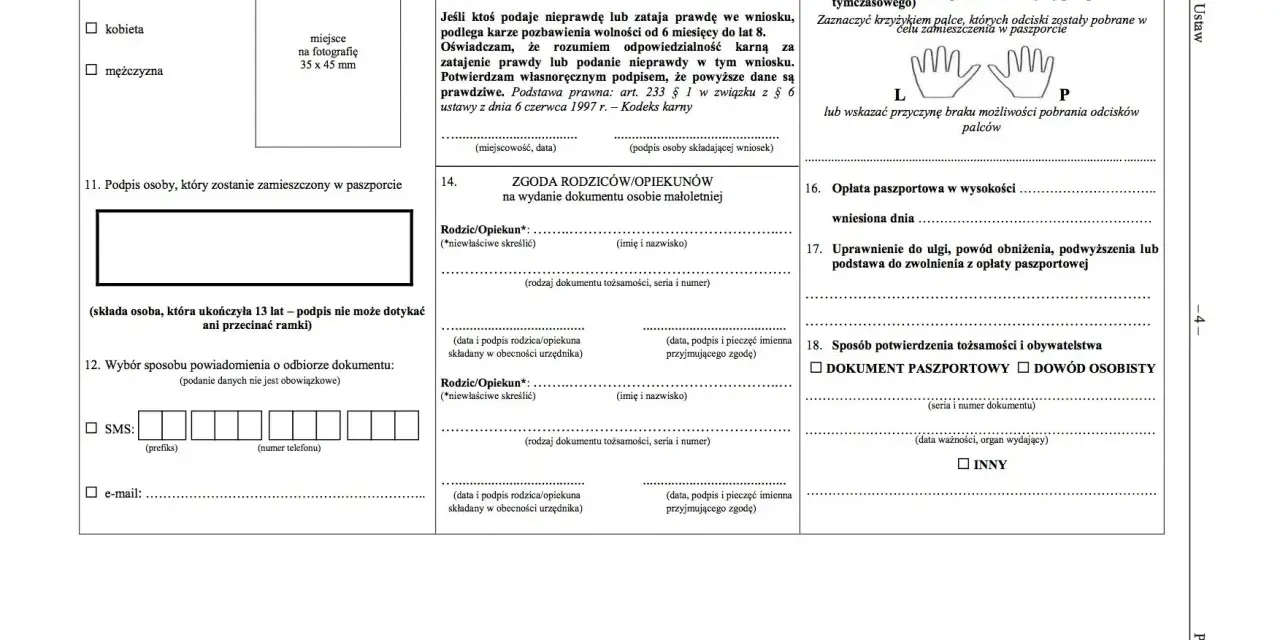 Formularz wniosku o paszport, sekcja 11: podpis osoby, która zostanie zamieszczony w paszporcie.