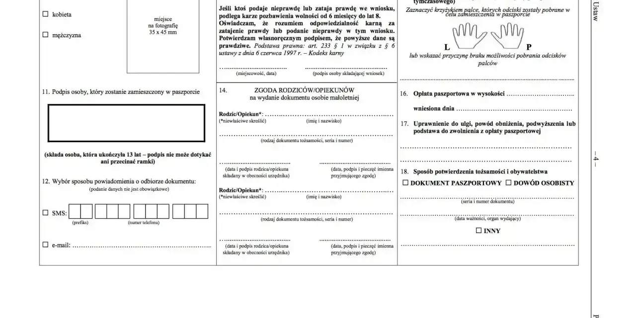 Formularz wniosku o paszport, sekcja dotycząca zgody rodziców/opiekunów na wydanie dokumentu osobie małoletniej.