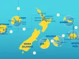 Mapa pokazuje podróże po Pacyfiku, łącząc Nową Zelandię z Australią, Chinami, Malezją, Samoo i Fidżi.