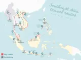 Mapa tras podróżniczych po Azji Południowo-Wschodniej. Filipiny, z Manilą i El Nido, znajdują się na wschód od Malezji i Indonezji.