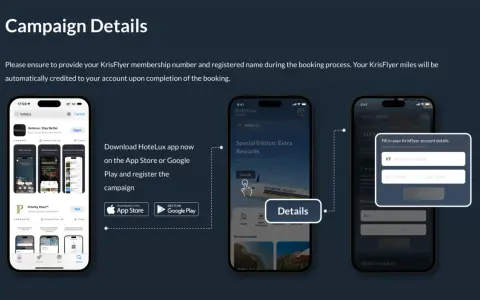 Trzy ekrany smartfonów pokazujące aplikację HoteLux z opcjami rezerwacji i formularzem do wpisania danych KrisFlyer.