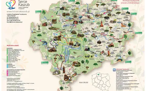 Mapa turystyczna powiatu kościerskiego, pokazująca gdzie są Kaszuby. Znajdziesz tu szlaki rowerowe, kajakowe i piesze.