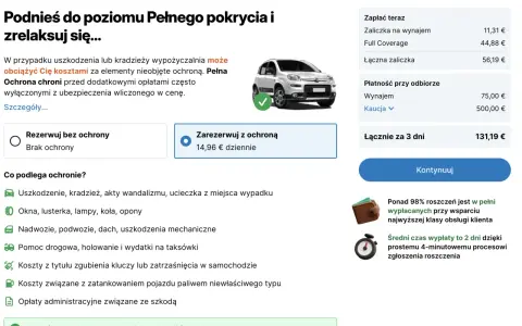 Wybierz pełne pokrycie dla wynajmu samochodu na Sycylii. Ochrona obejmuje uszkodzenia, kradzież i inne zdarzenia.