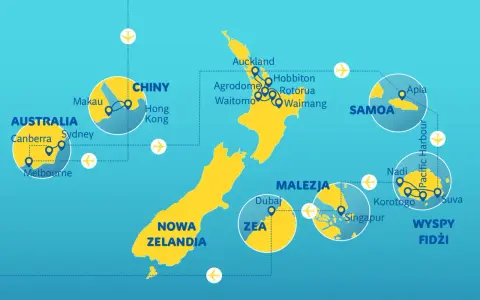 Mapa pokazuje podróże po Pacyfiku, łącząc Nową Zelandię z Australią, Chinami, Malezją, Samoo i Fidżi.