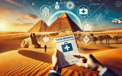 Ubezpieczenie turystyczne Egipt: Piaskowe wydmy, piramidy i Sfinks. W rękach dokument "Travel Insurance" z symbolem apteczki. W tle helikopter i ikony medyczne.