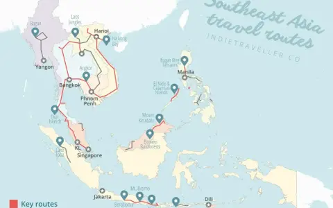 Mapa tras podróżniczych po Azji Południowo-Wschodniej. Filipiny, z Manilą i El Nido, znajdują się na wschód od Malezji i Indonezji.