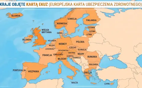 Mapa Europy z zaznaczonymi krajami objętymi EKUZ. Zastanawiasz się, jakie ubezpieczenie turystyczne wybrać? EKUZ to podstawa.