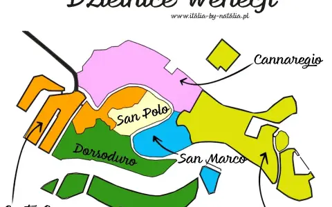Mapa Wenecji z zaznaczonymi dzielnicami: Cannaregio, Castello, Dorsoduro, San Marco, San Polo, Santa Croce. Idealna do planowania 4-dniowej wycieczki do Wenecji.