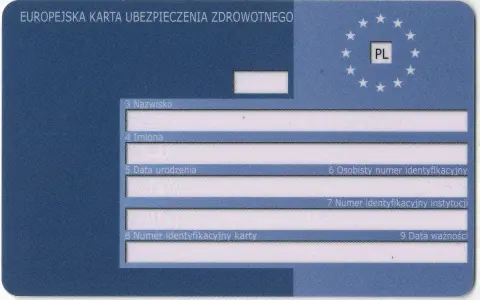 Europejska Karta Ubezpieczenia Zdrowotnego (EKUZ) od ręki. Dokument zawiera dane osobowe i identyfikacyjne.
