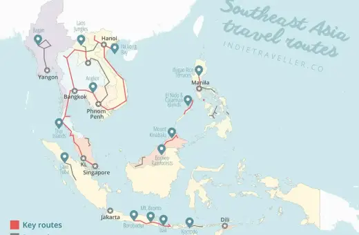 Mapa tras podróżniczych po Azji Południowo-Wschodniej. Filipiny, z Manilą i El Nido, znajdują się na wschód od Malezji i Indonezji.
