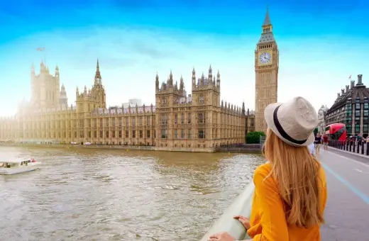 Kobieta w kapeluszu podziwia Pałac Westminsterski i Big Ben, marząc o wizie do Londynu.