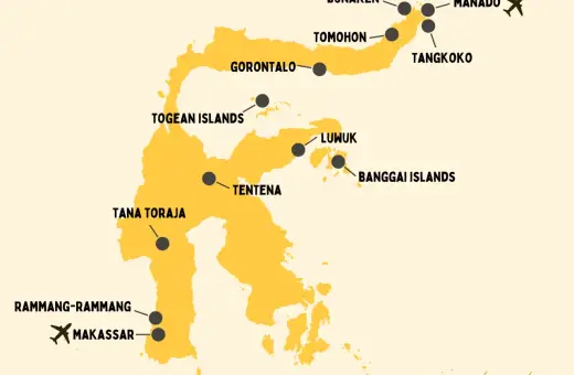 Mapa turystyczna wyspy Celebes z zaznaczonymi atrakcjami: Manado, Tana Toraja, Makassar.