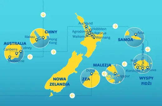Mapa pokazuje podróże po Pacyfiku, łącząc Nową Zelandię z Australią, Chinami, Malezją, Samoo i Fidżi.