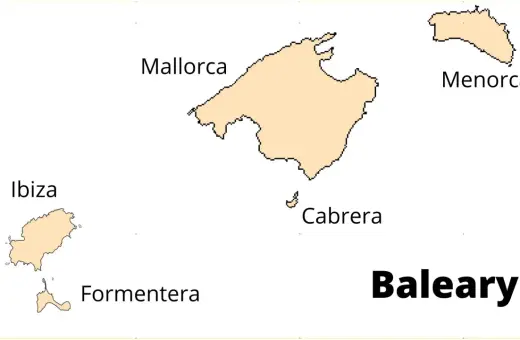 Mapa przedstawiająca wyspy hiszpanii: Majorkę, Minorkę, Ibizę, Formenterę i Cabrerę, tworzące archipelag Baleary.