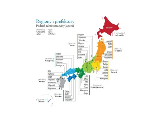 Mapa przedstawia podział administracyjny Japonii, ukazując główne wyspy i prefektury.