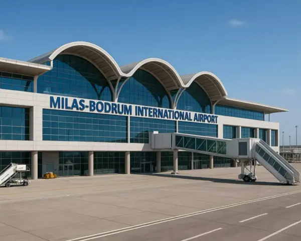 Nowoczesny budynek lotniska Milas-Bodrum International Airport z charakterystycznymi łukami dachu i przeszkloną fasadą.