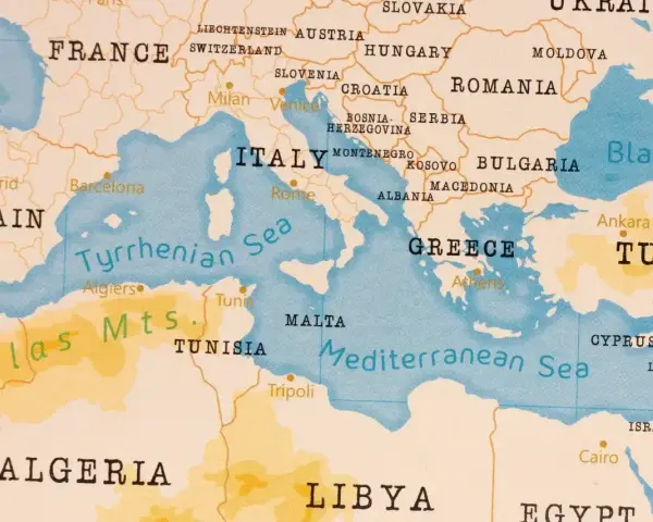 Mapa Europy i Afryki Północnej. Kreta leży nad Morzem Śródziemnym, pomiędzy Grecją a Libią.