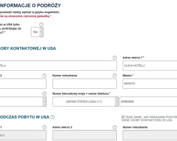 Formularz do wpisania danych podróży i kontaktu w USA, niezbędny do uzyskania wizy do USA.