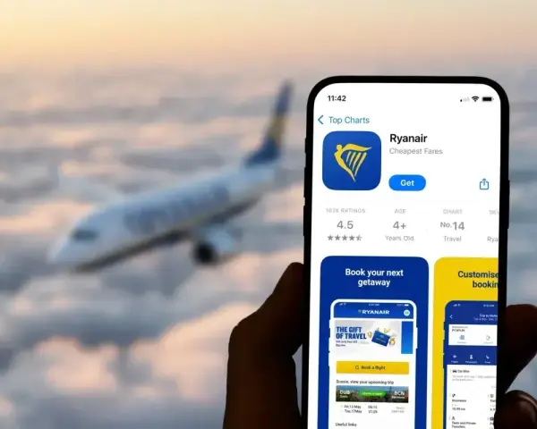 Ręka trzyma smartfon z aplikacją Ryanair, gotową do odprawy online. W tle widać samolot lecący wśród chmur.
