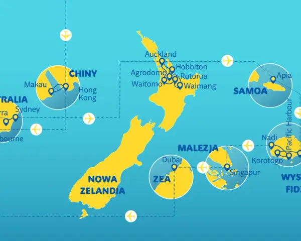Mapa pokazuje podróże po Pacyfiku, łącząc Nową Zelandię z Australią, Chinami, Malezją, Samoo i Fidżi.